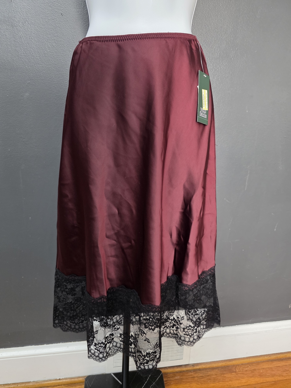 wild fable Burgundy Satin Midi Slip Skirt with Black Lace Hem